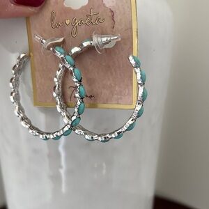 LU Gaeta Oval Faux turquoise set in silvertone,hoop post earrings,Western,Boho